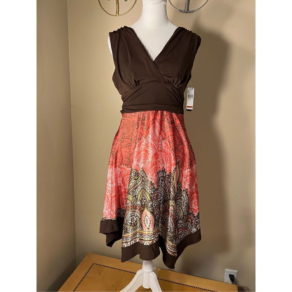 NWT! BCX Brown Pink Handkerchief Hem Sleeveless Mini Dress Size 5